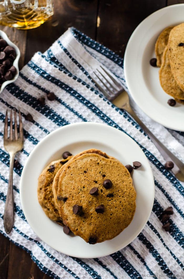 Healthy, fluffy whole wheat chocolate chip pancakes. You won't ever want another pancake for breakfast again