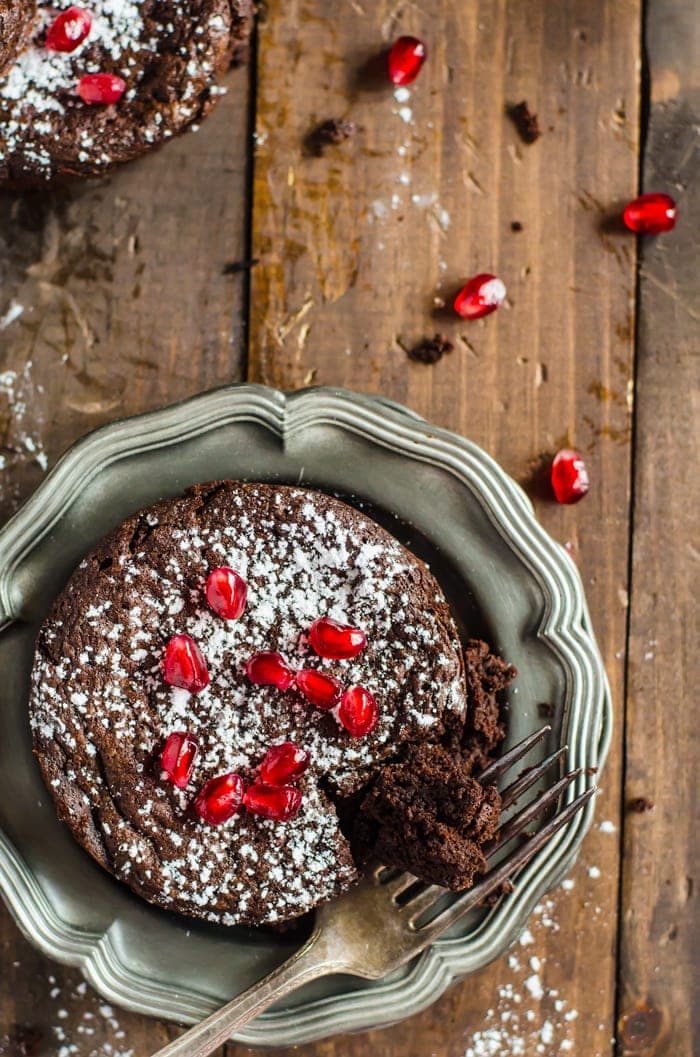 Lightened flourless chocolate cakes are a perfect little treat to have without the guilt! Vegan, gluten-free, and low calorie