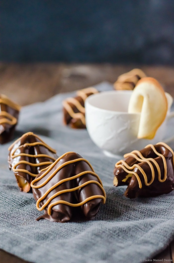 Chocolate peanut butter homemade fortune cookies. These delicious little cookies are a cinch to make and so much fun to eat. Perfect for Chinese New Year! 