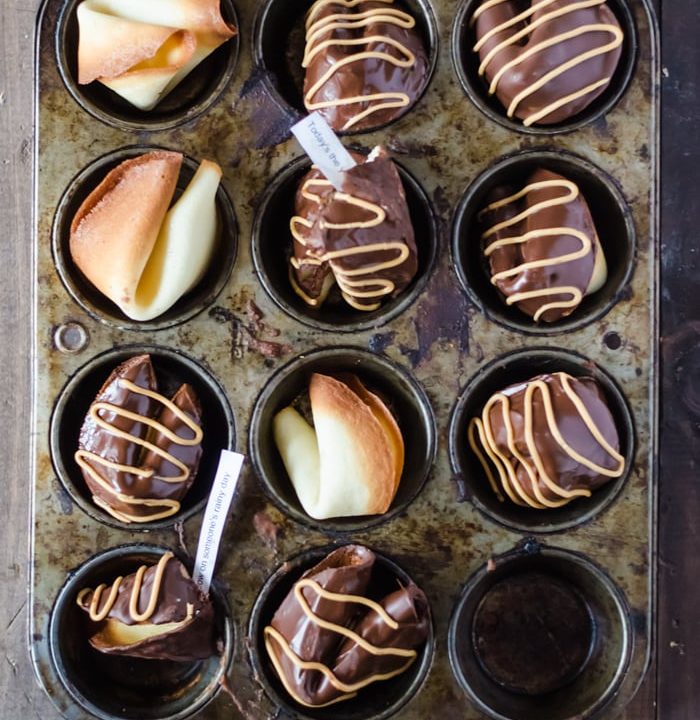 Chocolate peanut butter homemade fortune cookies. These delicious little cookies are a cinch to make and so much fun to eat. Perfect for Chinese New Year!