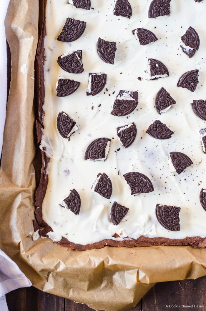 Cookies and cream brownie brittle bark... crisp brownie topped with a cookies and cream bark