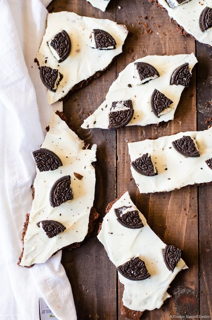 cookies and cream bark on top of a crisp, chocolaty brownie bark