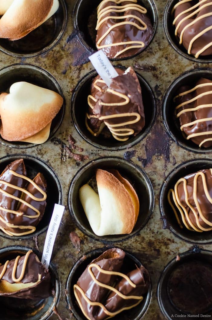 Chocolate peanut butter homemade fortune cookies. These delicious little cookies are a cinch to make and so much fun to eat. Perfect for Chinese New Year! 