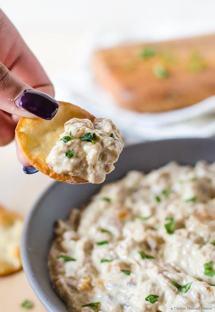 Hand with pita chip with caramelized onion dip