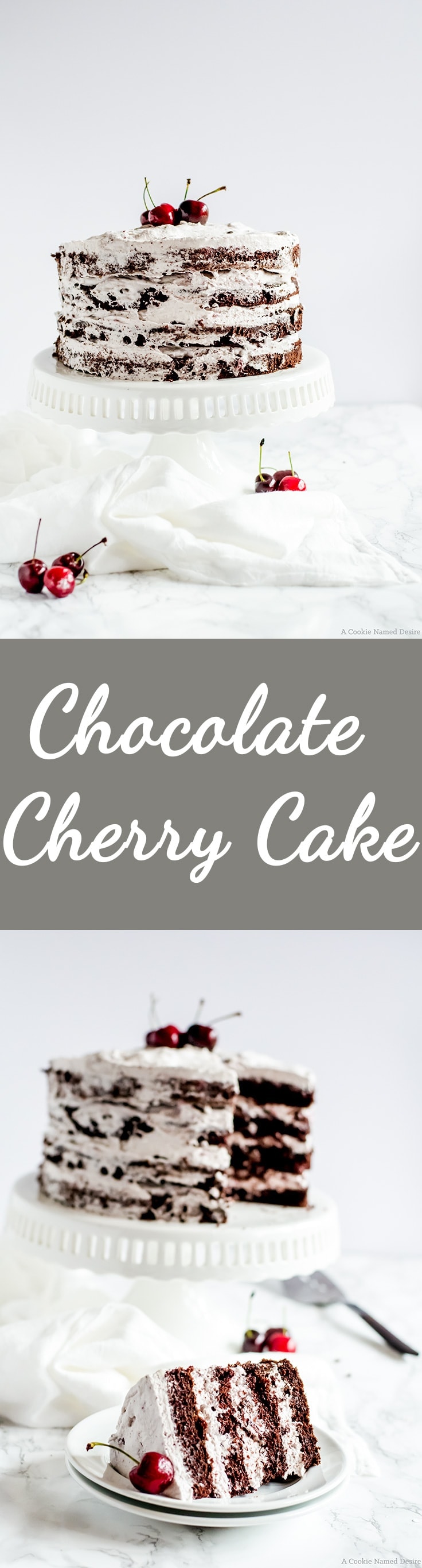 A moist chocolate cherry cake with a rich chocolate cake and a smooth cherry swiss meringue buttercream