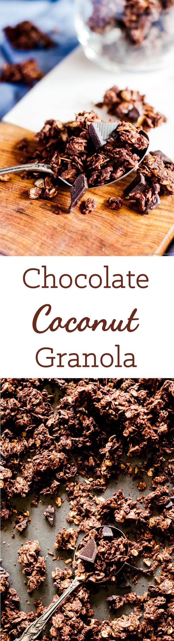 This chocolate coconut granola is so simple to make and utterly delicious. It is the perfect balance of chocolate and coconut. Perfect recipe for breakfast, dessert, and everyday snacking