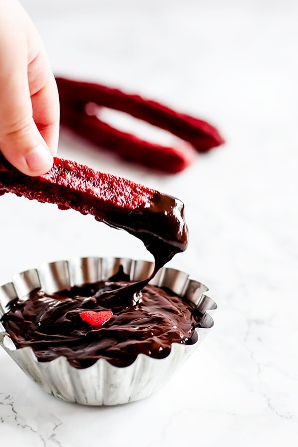 Red velvet churros with two different kinds of dips