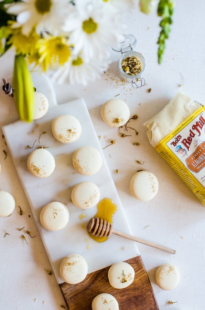 These chamomile and caramelized honey macarons are the perfect treat for all your spring gatherings. The macaron shells are delicately flavored with chamomile and filled with a lightly salted caramelized honey buttercream. It’s Spring in a single bite.