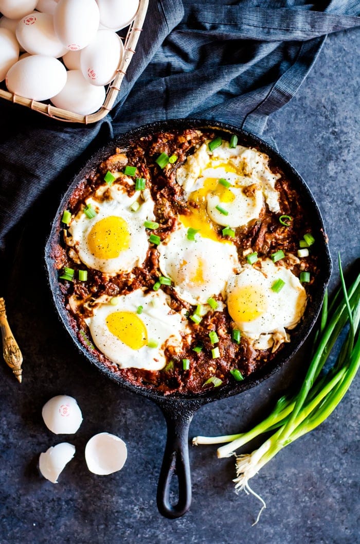 A chunky vegetable shakshuka unlike any traditional eggs in hell dish. This version is full of hearty flavorful vegetables mix in the spicy tomato base for a breakfast that will keep you fuller for longer. Feta is studded throughout the dish for an added salty twist. 