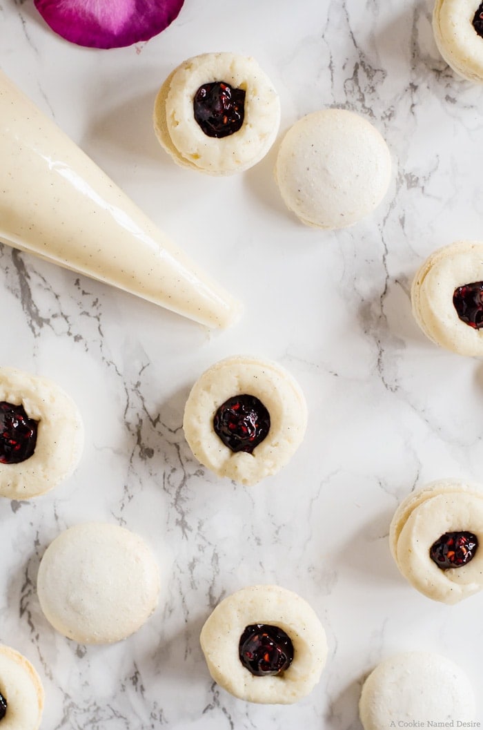 Your taste buds will rejoice once you bite into these delicately flavored orange blossom macarons with raspberry rose jam. These little macarons have a wonderfully floral attribute that reminds you of the first days of Spring without being overwhelming.