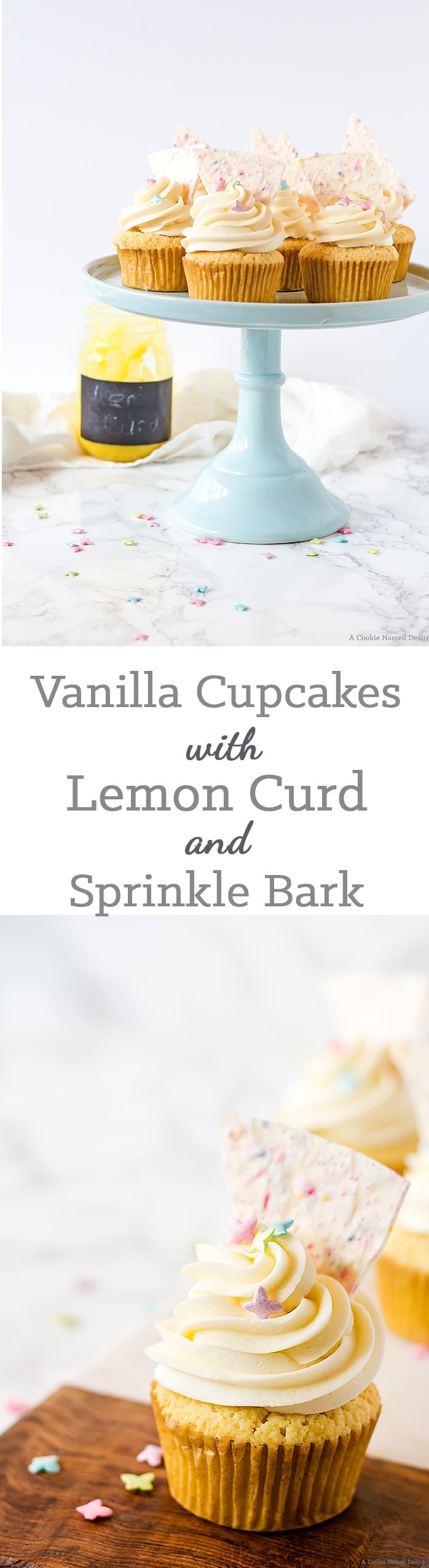 Celebrate Spring with these heavenly vanilla cupcakes filled with a bright lemon curd and topped with a fun sprinkle-filled white chocolate bark! 