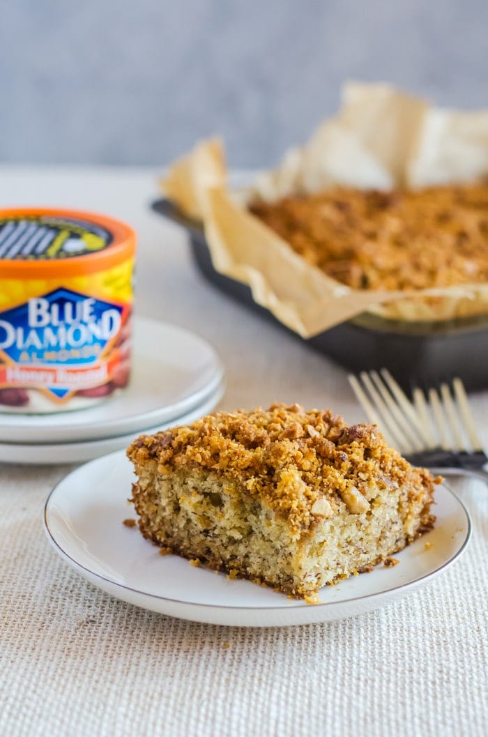 Irresistibly moist and flavorful banana coffee cake with the crunchiest graham cracker streusel made with honey roasted almonds. You won’t be able to stop at just one slice of this coffee cake! 