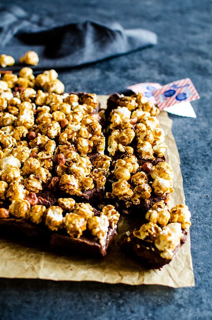 Chocolate caramel fudge with cracker jack popcorn. Candy just got better!