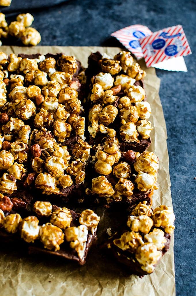 Chocolate caramel fudge with cracker jack popcorn. Basically the best thing to happen to fudge. 