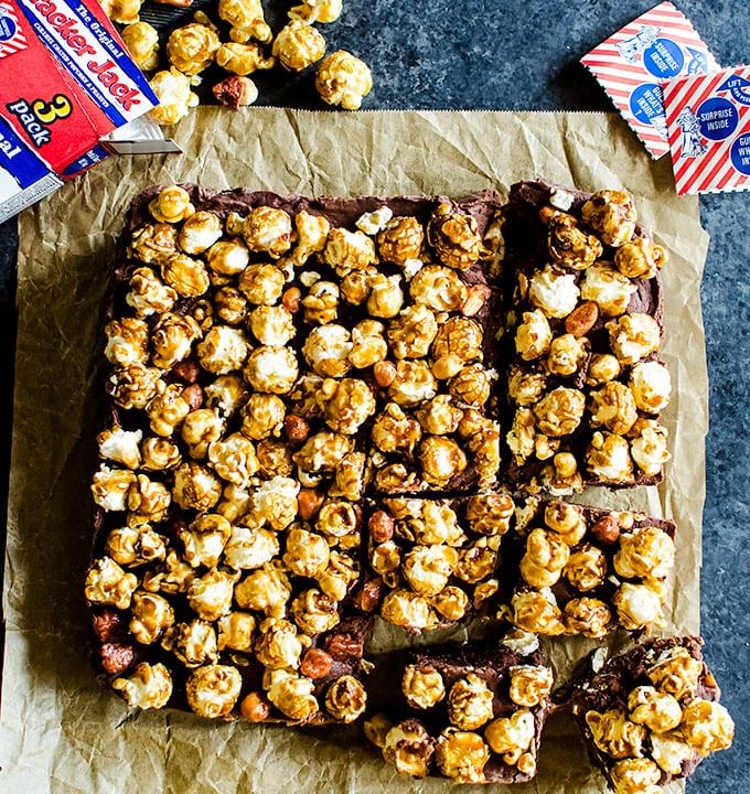 You are going to love this chocolate caramel fudge topped with Cracker Jack popcorn. It's a fun nostalgic treat you and your kids will love!
