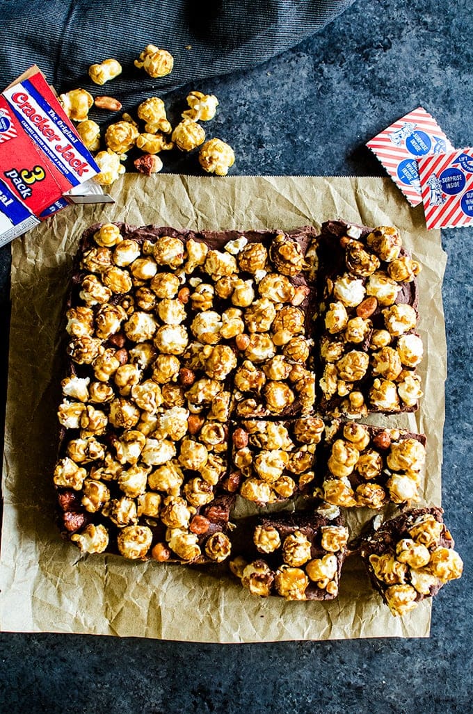 You are going to love this chocolate caramel fudge topped with Cracker Jack popcorn. It's a fun nostalgic treat you and your kids will love! 