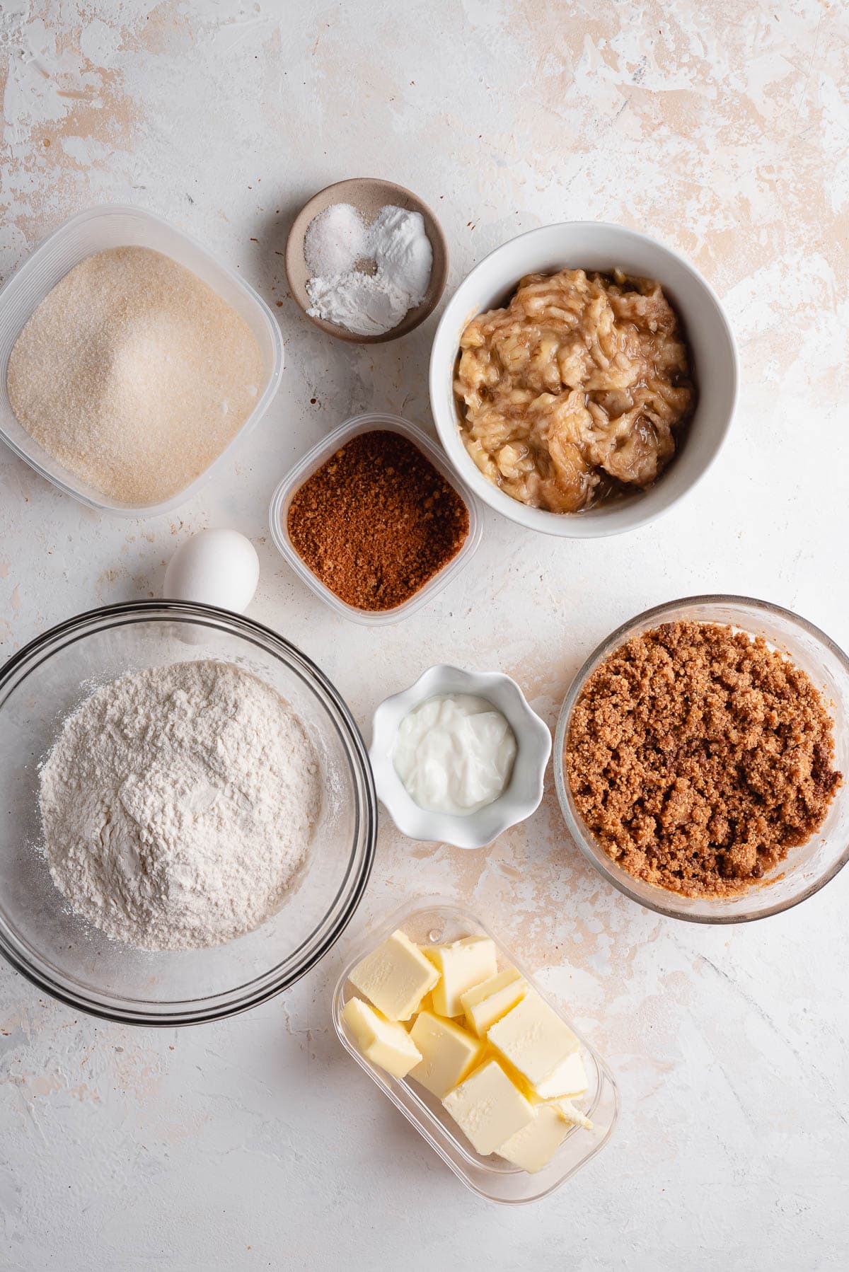 ingredients for banana coffee cake in bowls