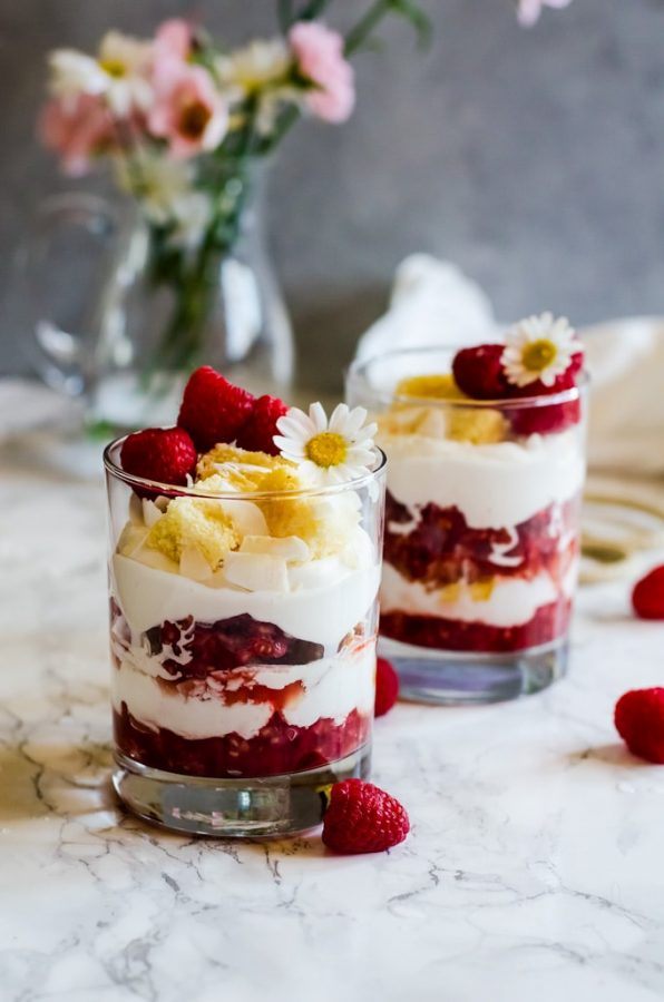 An unbelievably light and refreshing raspberry fool layered with cubes of pound cake and drizzles of caramelized honey.