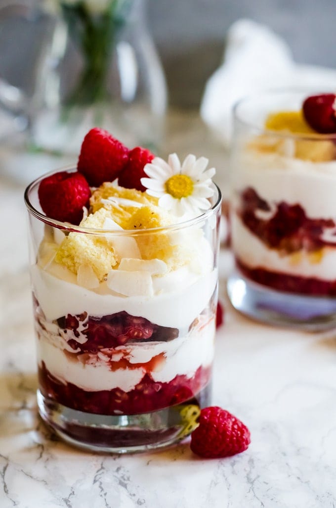 An unbelievably light and refreshing raspberry fool layered with cubes of pound cake and drizzles of caramelized honey.