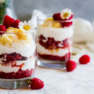 An unbelievably light and refreshing raspberry fool layered with cubes of pound cake and drizzles of caramelized honey.