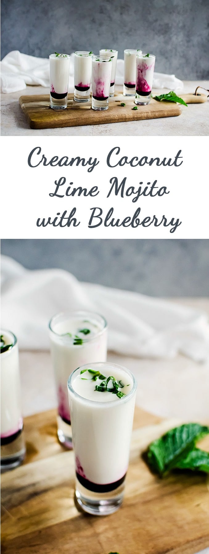 These creamy coconut lime mojito shooters with a hit of blueberry are your new tropical getaway.