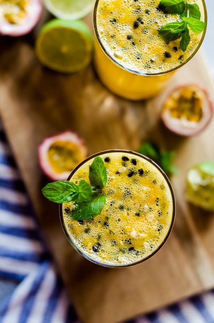 overhead passion fruit mojito in glass with mint