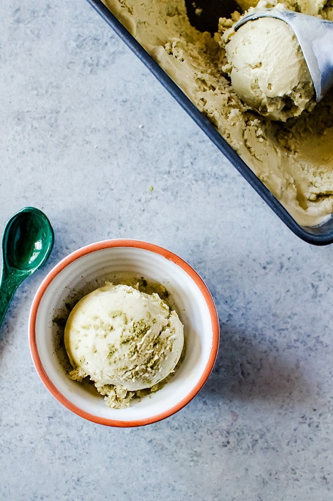 A nutty and floral matcha coconut ice cream which happens to also be vegan!
