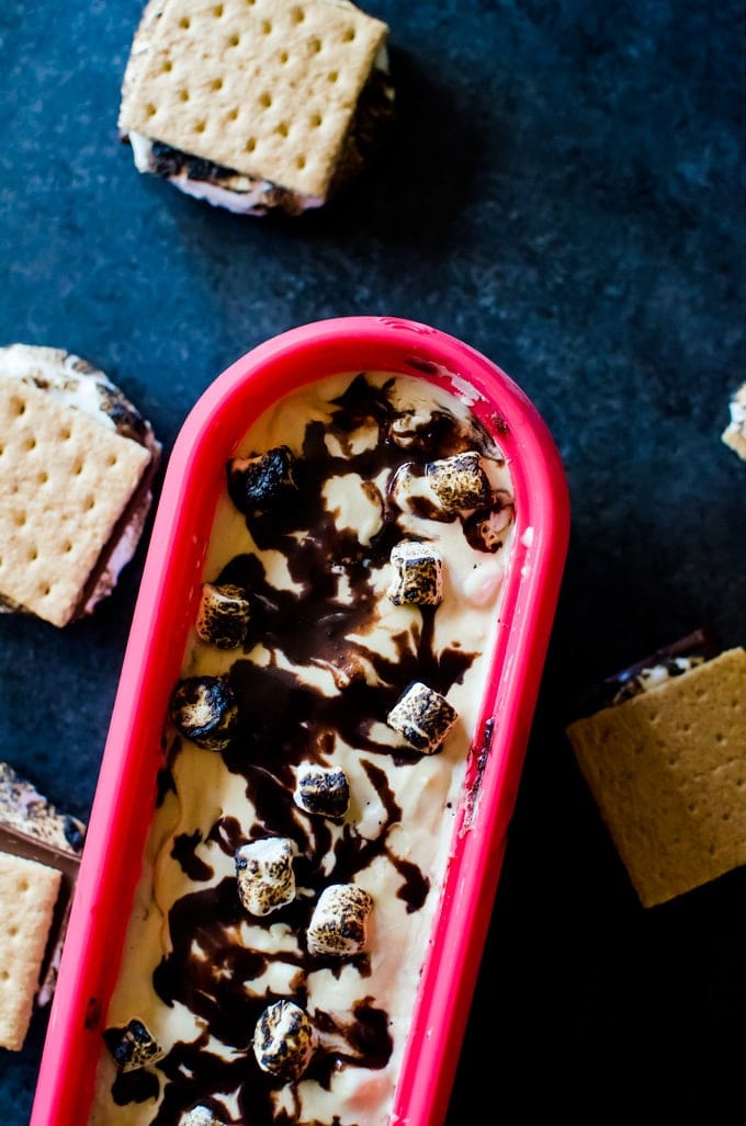 Velvety graham cracker ice cream with swirls of chocolate and roasted marshmallows. This s'mores ice cream will be the best thing you do all week. 