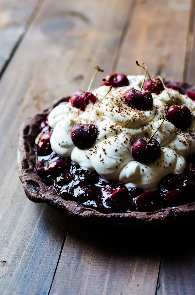 An incredibly irresistible and mouthwatering Black Forest pie. A rich chocolate crust, chocolate ganache, fresh cherries, and light whipped cream make for the best pie you will every eat. 