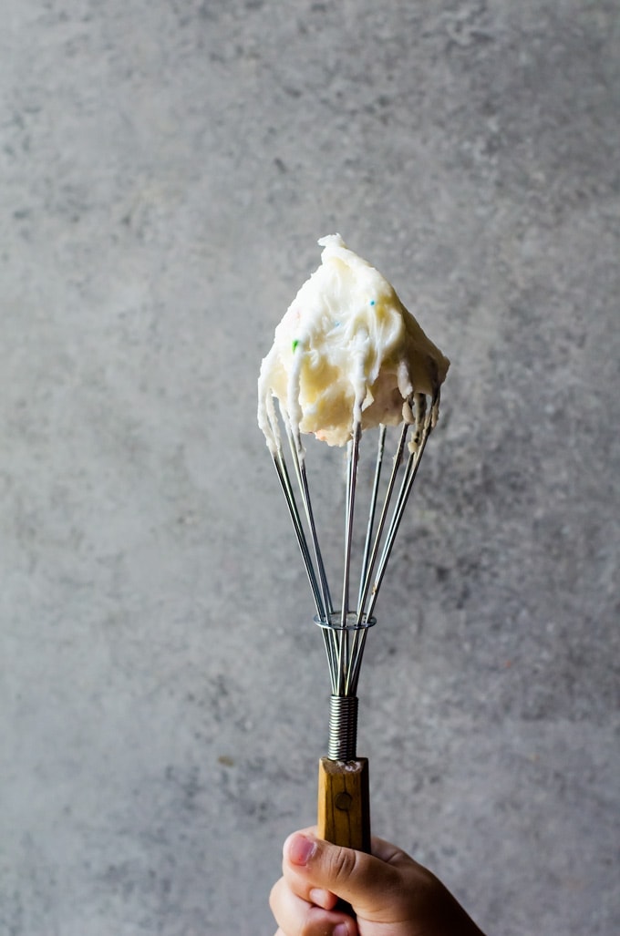 Cake batter frosting is basically the only frosting recipe you will ever need. Sweet, simple, and irresistibly creamy. It is everything. I love to dip my pretzel rods in them for a sweet and salty treat! 