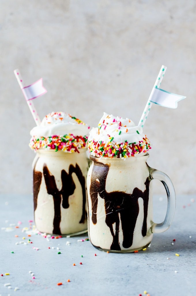 Funfetti Cake Batter Milkshakes with Hot Fudge