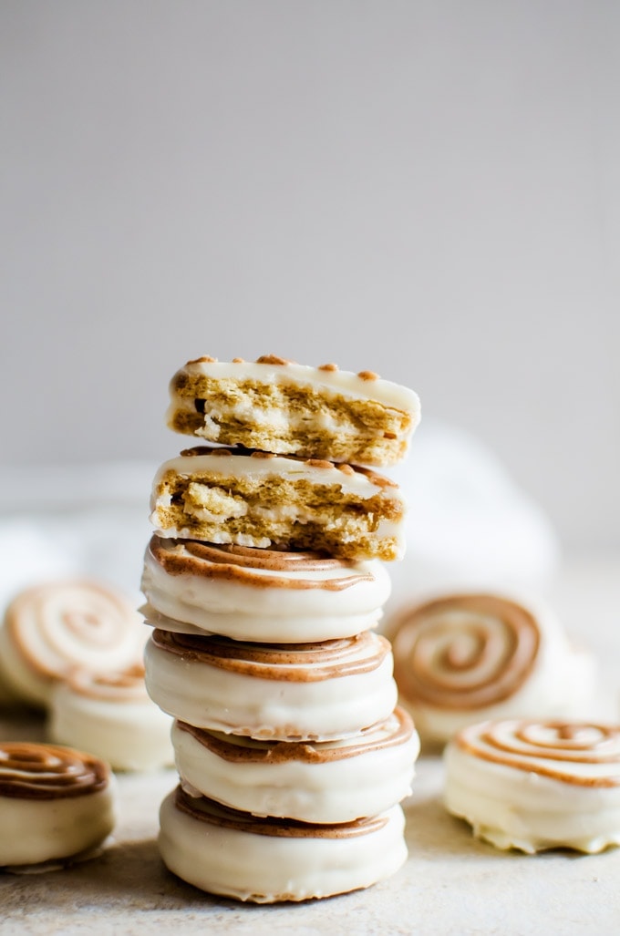 Stacked white chocolate covered oreos