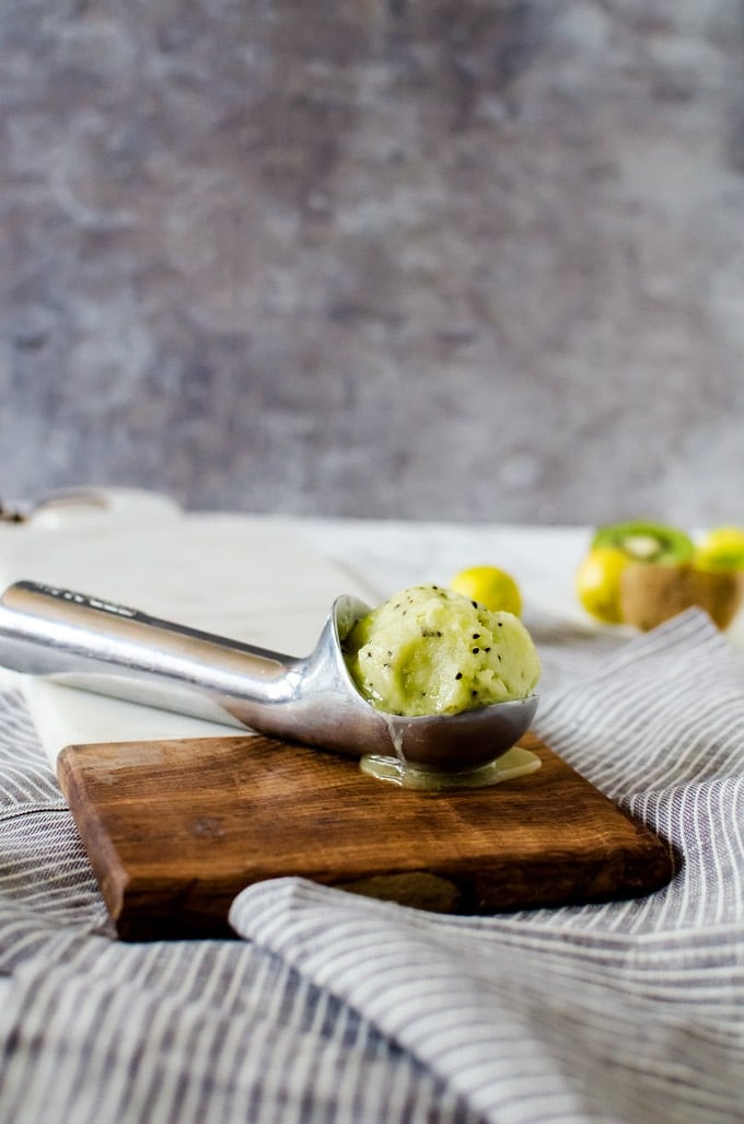 An easy kiwi sorbet with coconut and key lime that will have you reaching for another scoop over and over again
