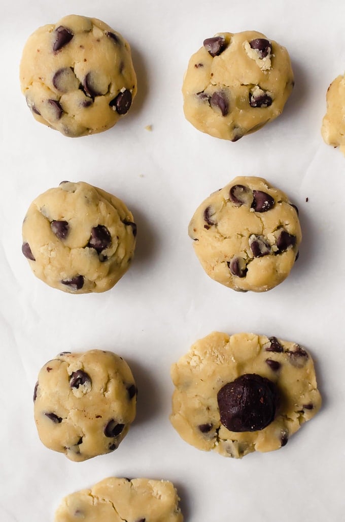 Unbaked cookie dough for brownie stuffed chocolate chip cookies