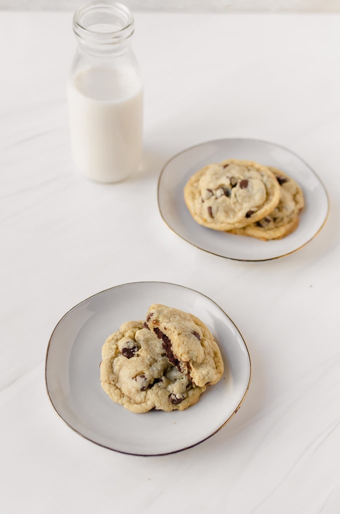 Plates of brownie stuffed chocolate chip cookies