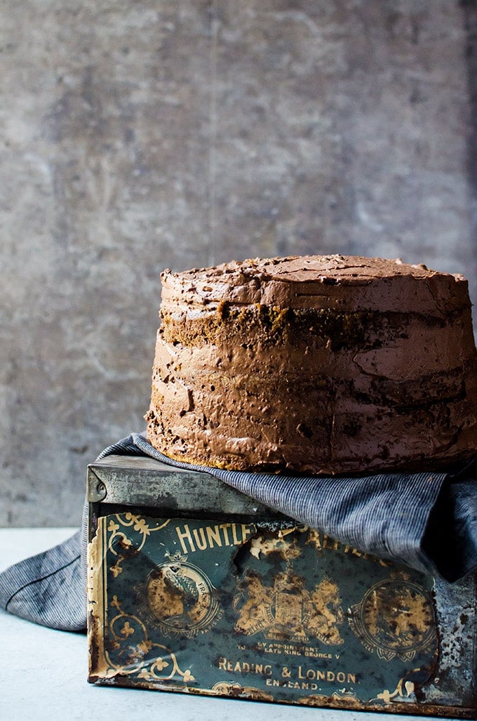 Coffee flavored cake on antique cake stand