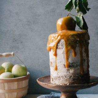 Cardamom apple spice cake with cinnamon frosting and apple cider caramel