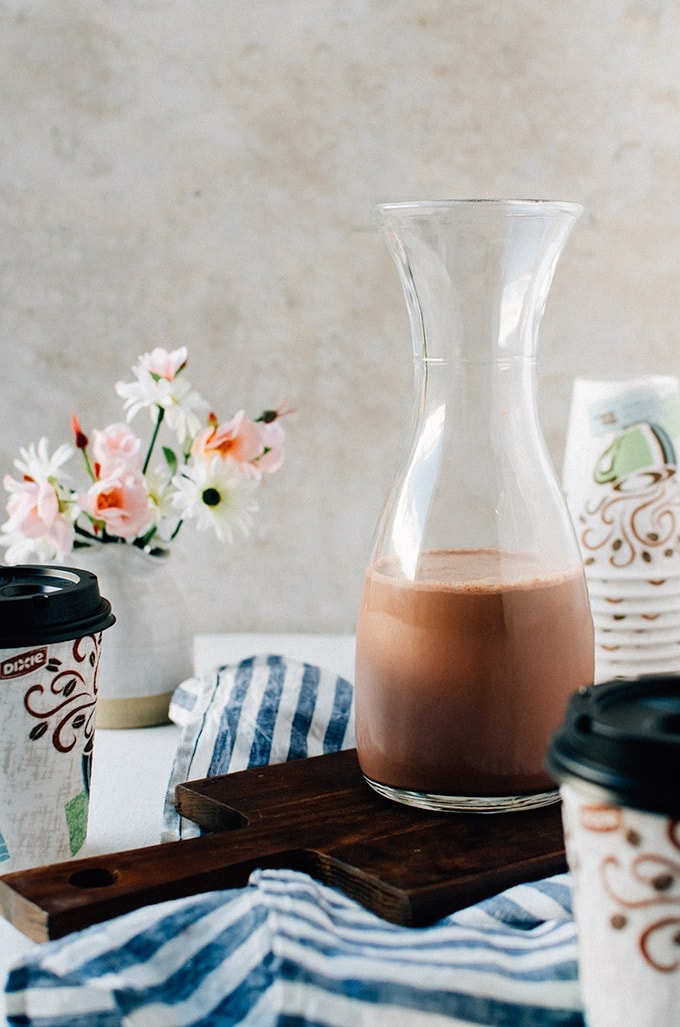 Chocolate banana coffee creamer with cashew milk. This chunky monkey coffee creamer is the best way to dress up your coffee!