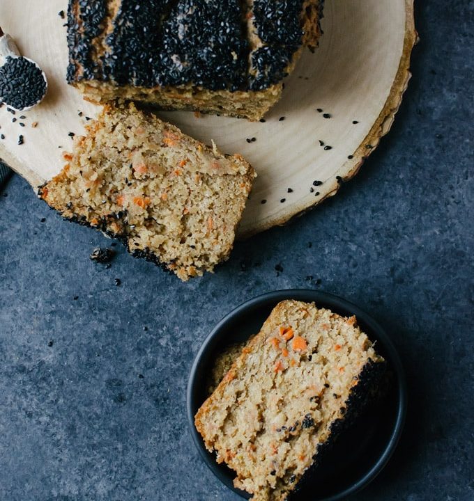 A soft and incredibly moist carrot bread topped with crunchy black sesame seeds