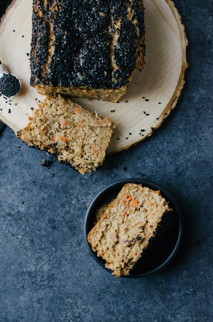 A soft and incredibly moist carrot bread topped with crunchy black sesame seeds