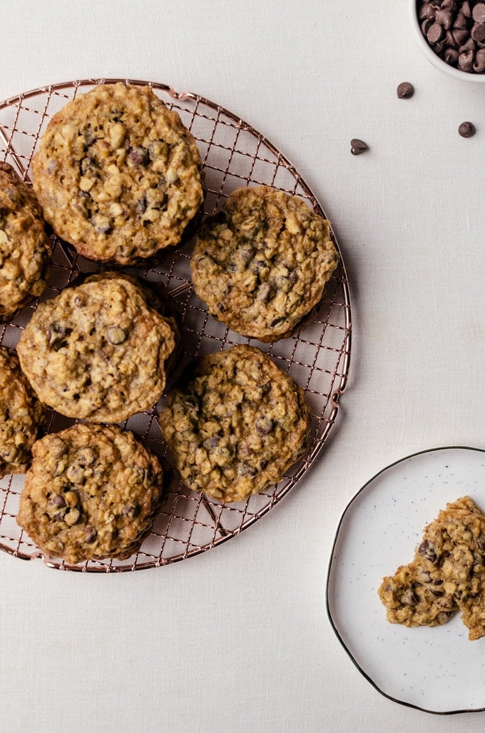 Malted chocolate chip oatmeal cookies with hazelnuts. These chewy cookies are a favorite in our family.
