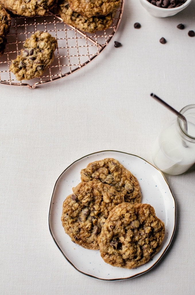 There is nothing as fun and delicious as these chewy malted chocolate chip oatmeal cookies with hazelnuts