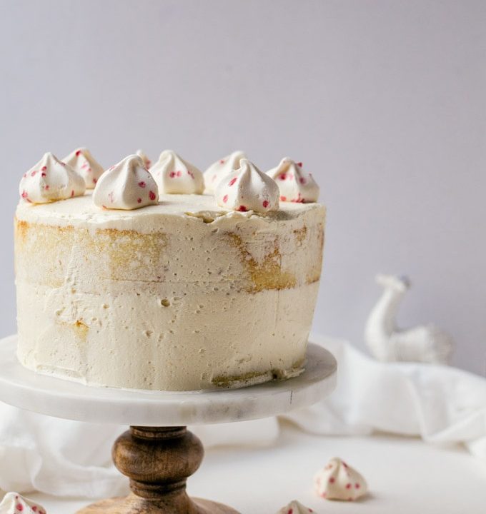 It won't be Christmas without this white chocolate cake with peppermint meringue buttercream frosting.