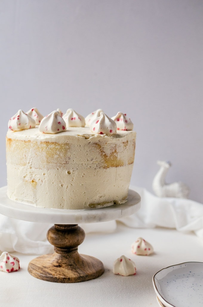 It won't be Christmas without this white chocolate cake with peppermint meringue buttercream frosting. 