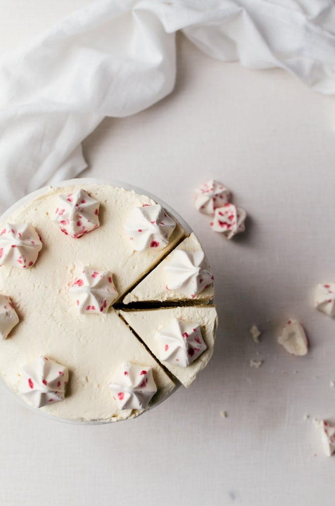 Moist and delicately flavored white chocolate cake with vanilla peppermint buttercream frosting