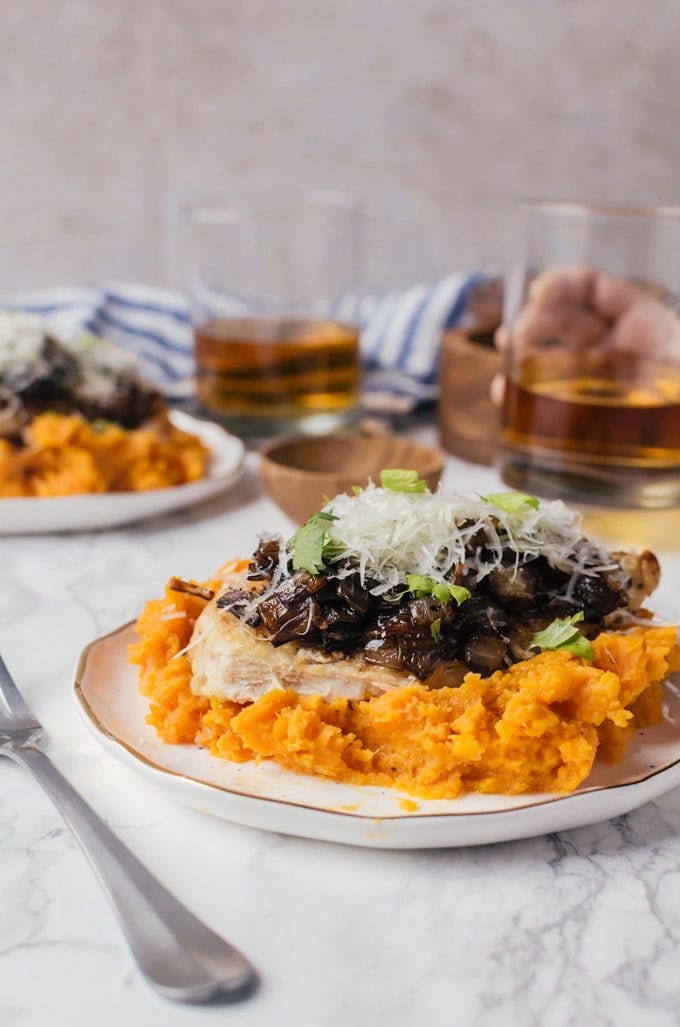 caramelized onion, mashed sweet potato, and seared chicke