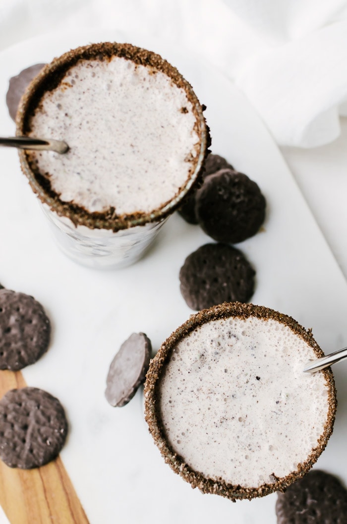 A delicious chocolaty minty treat. This thin mint milkshake will be the highlight of Girl Scout Cookie season!