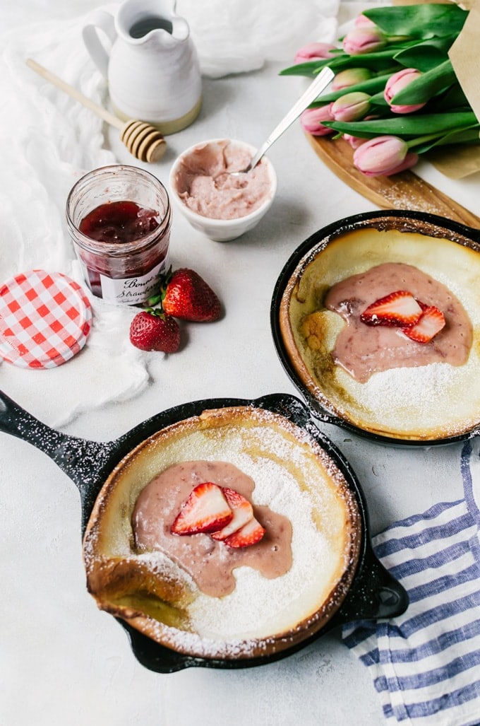 Single serving dutch baby pancakes with whipped strawberry mascarpone