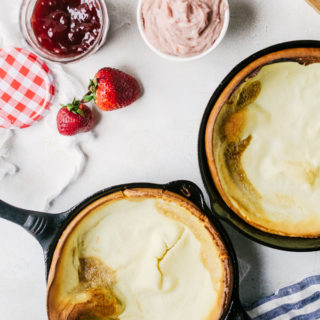 Strawberry single serving dutch baby pancakes with whipped strawberry mascarpone