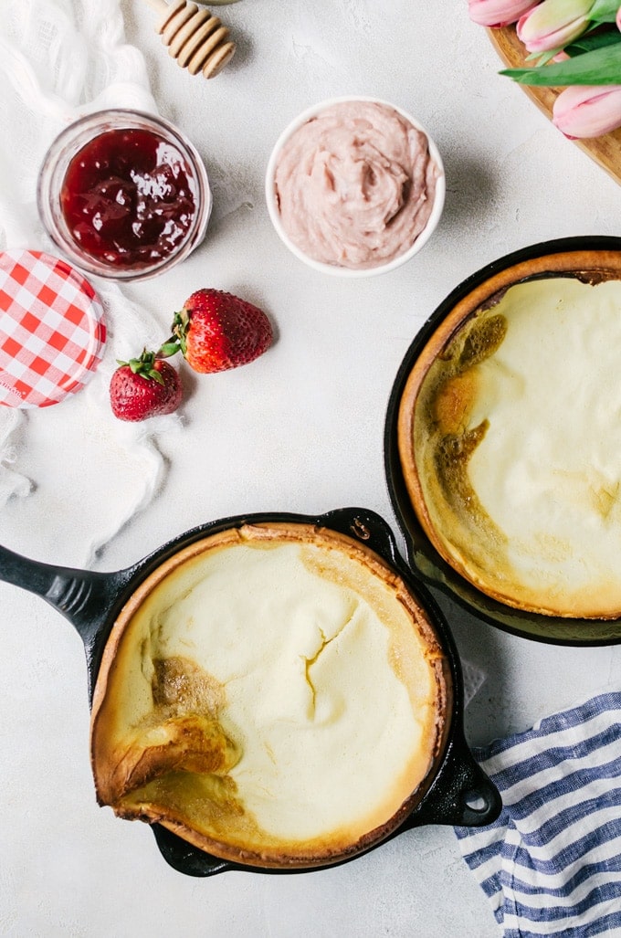Strawberry single serving dutch baby pancakes with whipped strawberry mascarpone